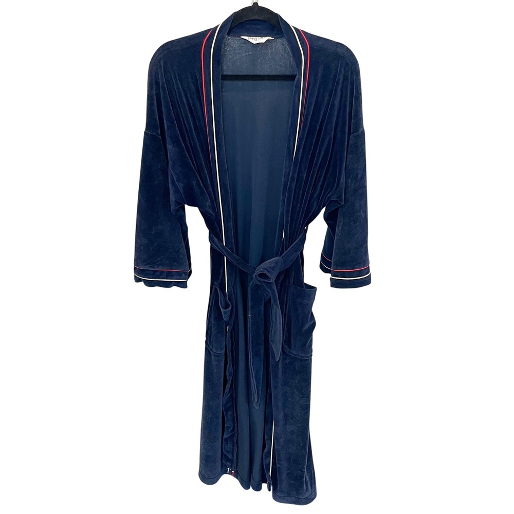 Vintage Christian Dior Monsieur Navy Blue Velour Robe Red White Piping One Size